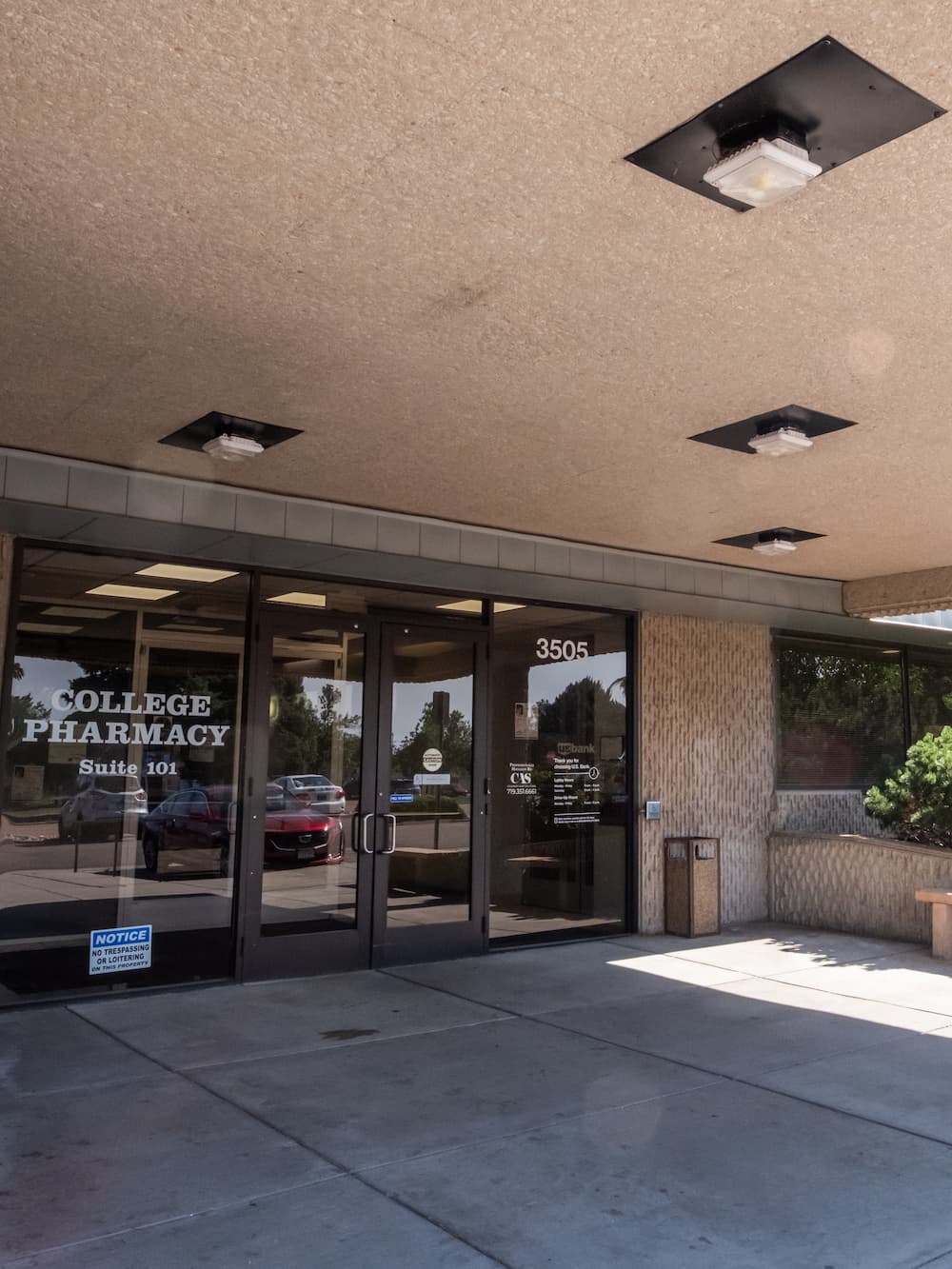 The entrance to College Pharmacy, Suite 101, located at 3505.